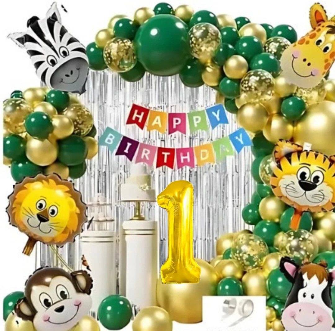 62pcs 1Year Jungle Theme Birthday Kit with Banner, Confetti & Balloons 62pcs 1Year Jungle Theme Birthday Kit with Banner, Confetti & Balloons