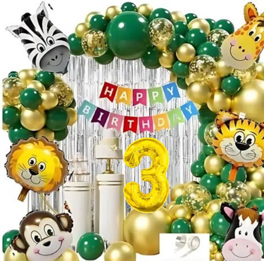 62pcs 3Year Jungle Theme Birthday Kit with Banner, Confetti & Balloons 62pcs 3Year Jungle Theme Birthday Kit with Banner, Confetti & Balloons