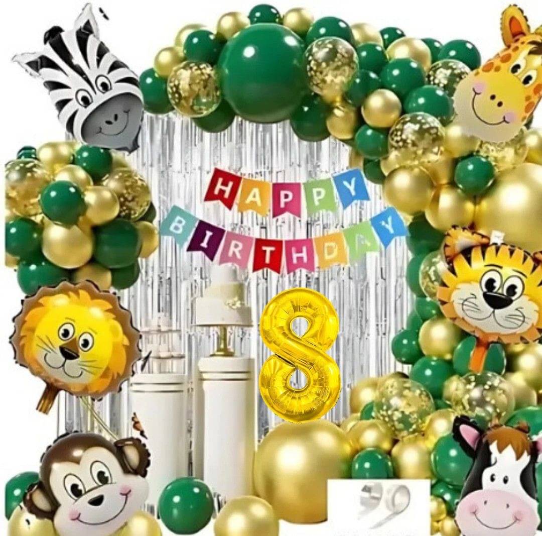     			62pcs 8-Year Jungle Theme Birthday Kit with Banner, Confetti & Balloons
