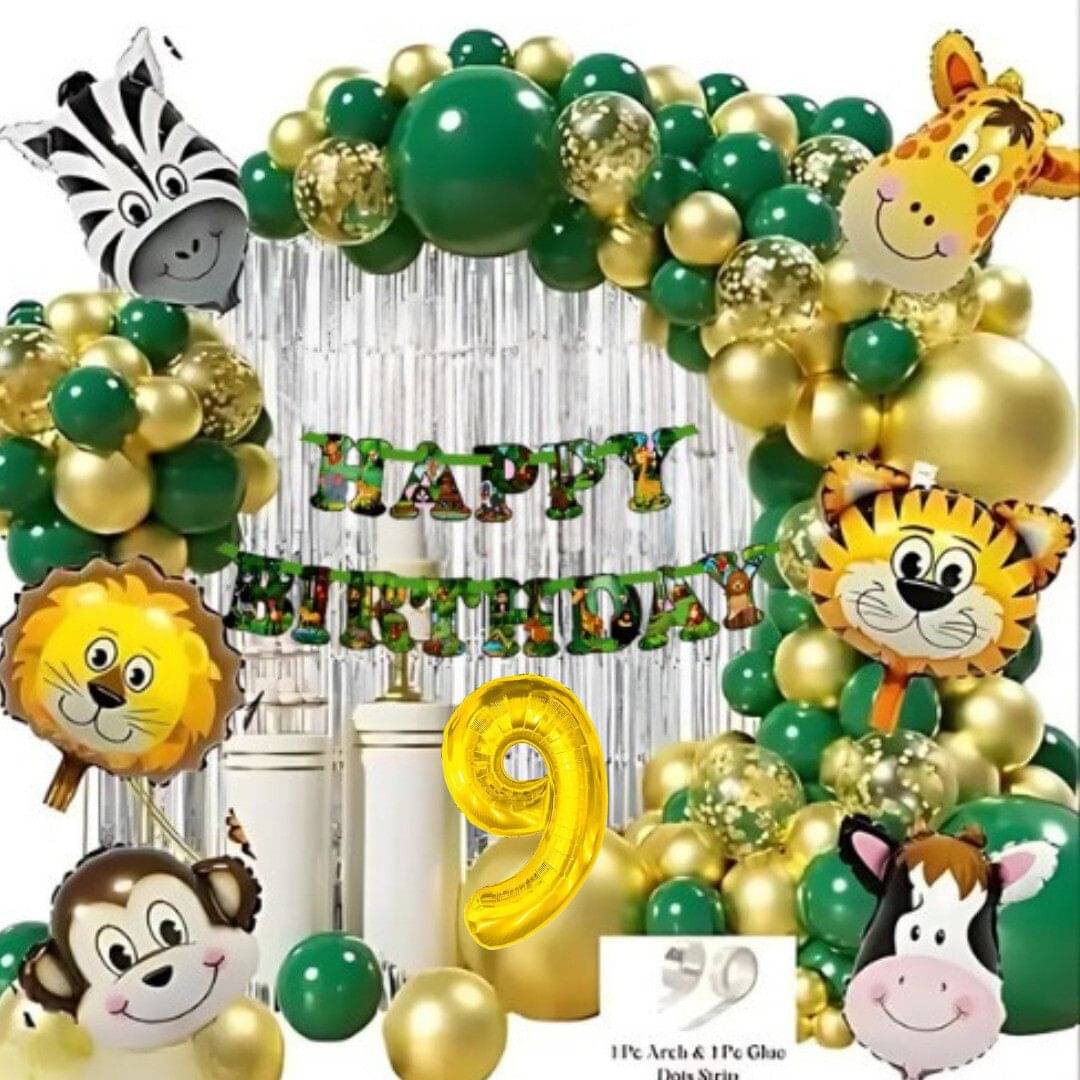62pcs 9Year Jungle Theme Birthday Kit with Banner, Foil, Confetti & Balloons 62pcs 9Year Jungle Theme Birthday Kit with Banner, Foil, Confetti & Balloons