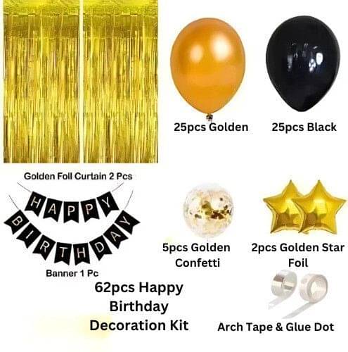 62pcs Birthday Kit with Banner & Golden and Black Balloons for Birthday Combo 62pcs Birthday Kit with Banner & Golden and Black Balloons for Birthday Combo