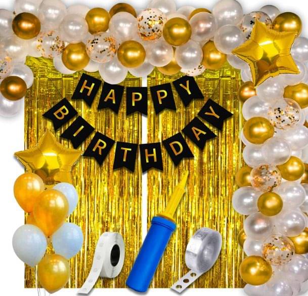 63Pcs Gold White Birthday Decoration Kit with Pump & Stars 63Pcs Gold White Birthday Decoration Kit with Pump & Stars