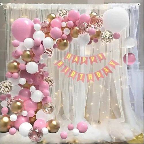     			63pcs Birthday Kit with Banner, LED Light, Net Curtains, Confetti & Balloons