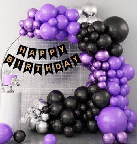     			64pcs Birthday Kit with Banner, Tape, Pump & Silver, Black, Purple Balloons