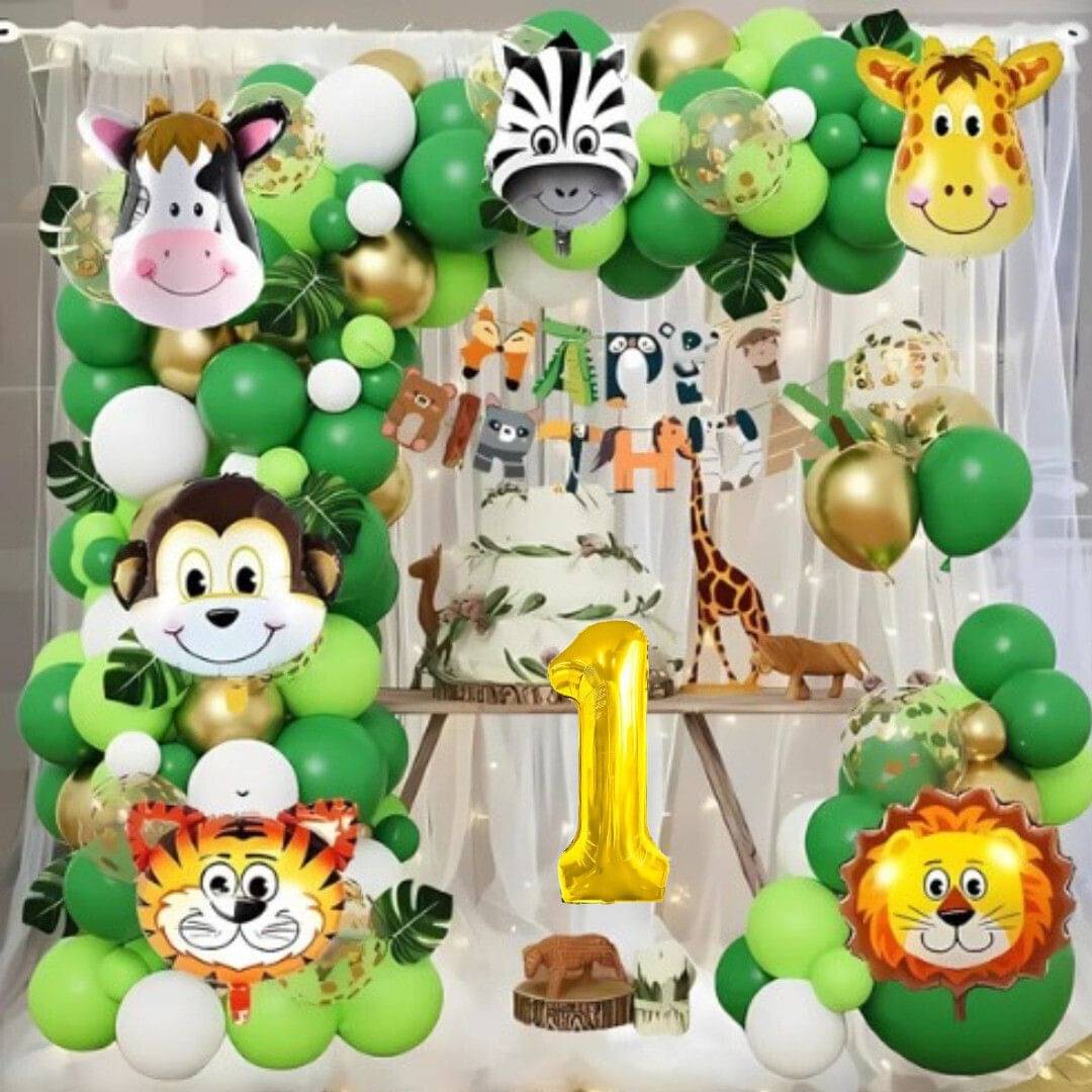     			65pcs 1Year Jungle Theme Birthday Kit with Banner, Cutouts & Balloons