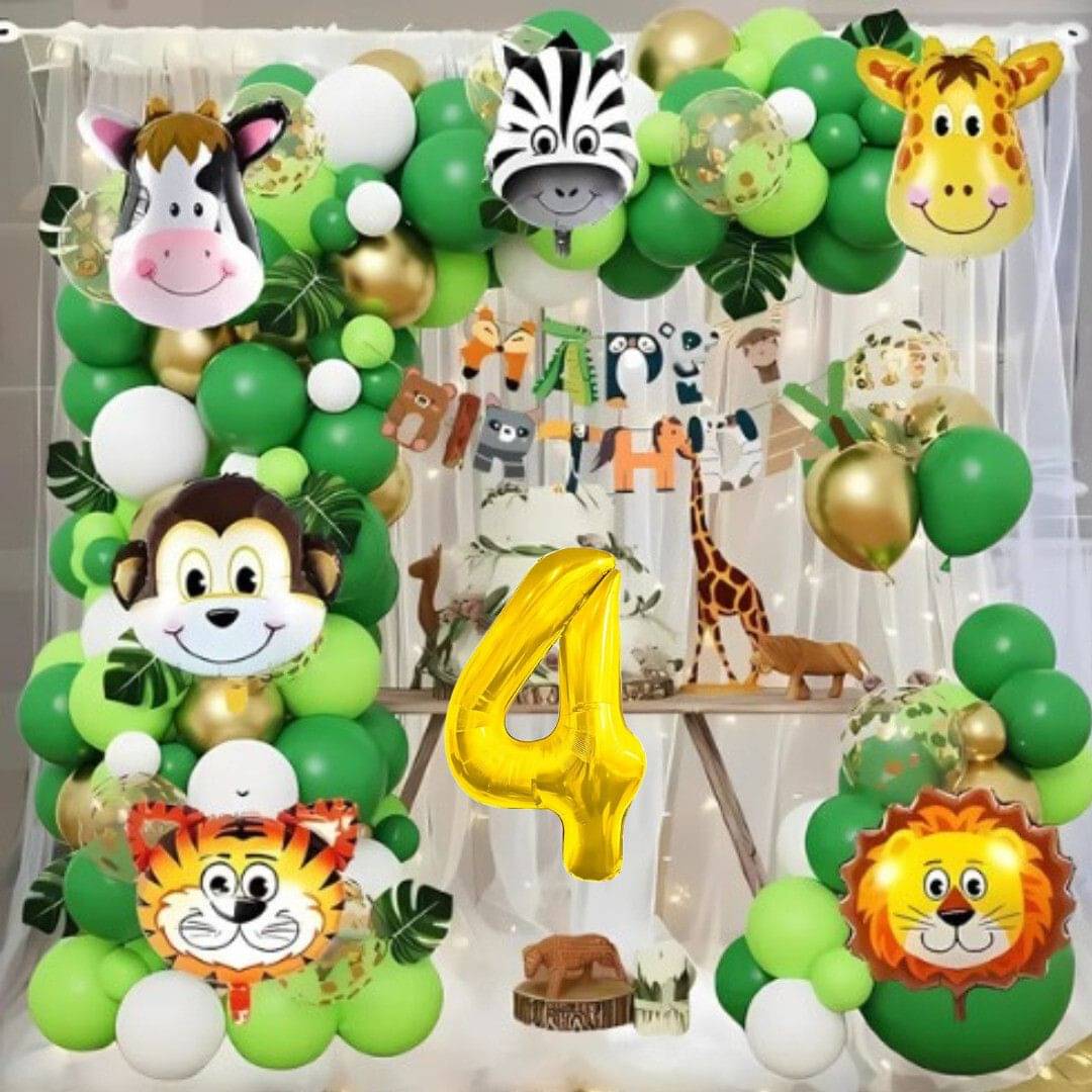 65pcs 4Year Jungle Theme Birthday Kit with Banner, Cutouts & Balloons 65pcs 4Year Jungle Theme Birthday Kit with Banner, Cutouts & Balloons