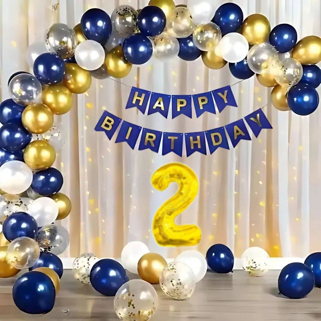 65pcs Blue Gold 2Year Birthday Decoration Kit with Balloons & Banner     			65pcs Blue Gold 2Year Birthday Decoration Kit with Balloons & Banner