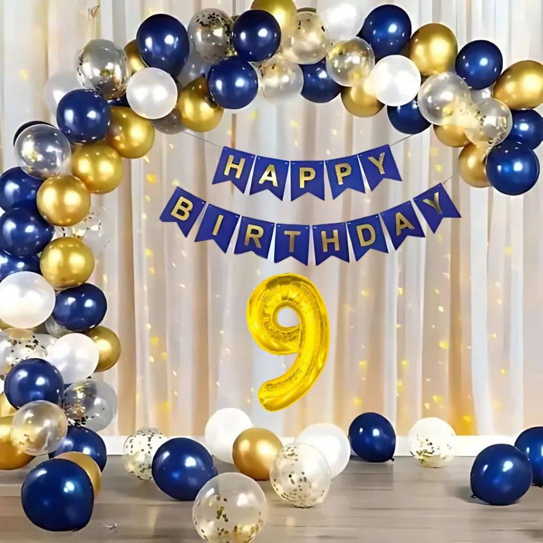 65pcs Blue Gold 9Year Birthday Decoration Kit with Balloons & Banner 65pcs Blue Gold 9Year Birthday Decoration Kit with Balloons & Banner