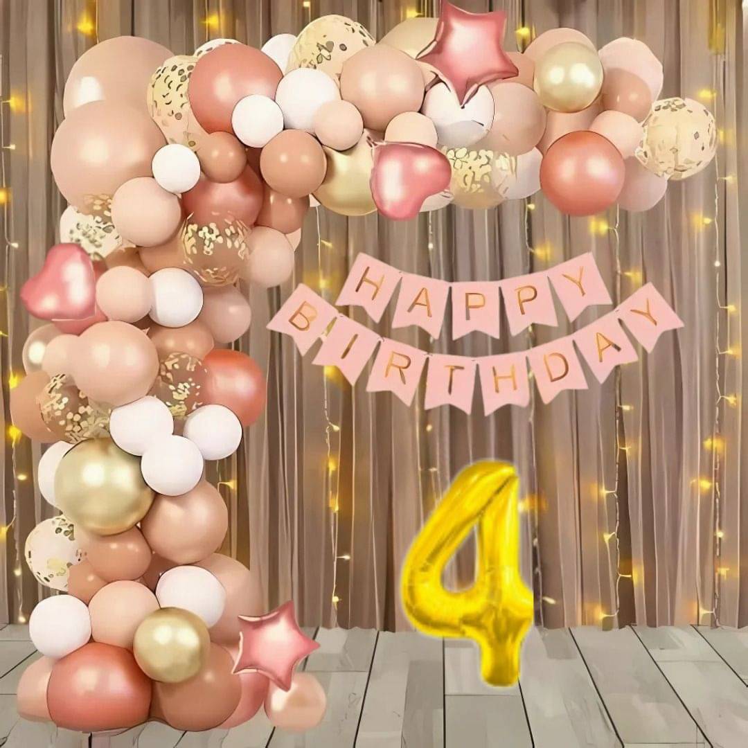 69Pcs 4Year Rose Gold Birthday Decoration Kit with Balloons & Banner 69Pcs 4Year Rose Gold Birthday Decoration Kit with Balloons & Banner