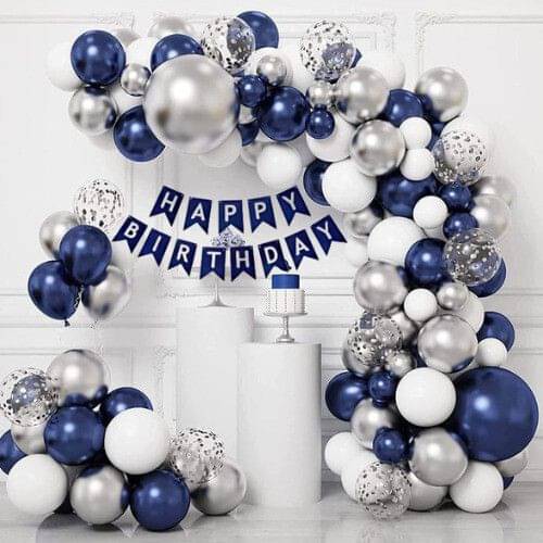     			69pcs Birthday Kit with Banner, Silver Confetti & White, Silver, Blue Balloons