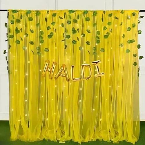     			6Pcs Haldi Decoration Set with Yellow Net Curtain, Foil & Leaves