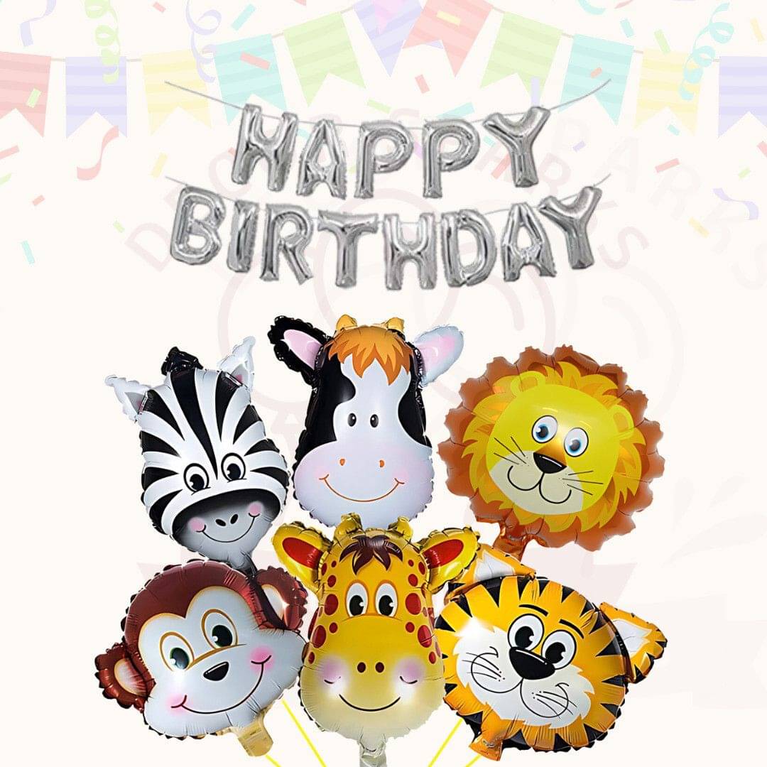 6pcs Animal Face Balloon and Happy Birthday silver Foil Balloon     			6pcs Animal Face Balloon and Happy Birthday silver Foil Balloon