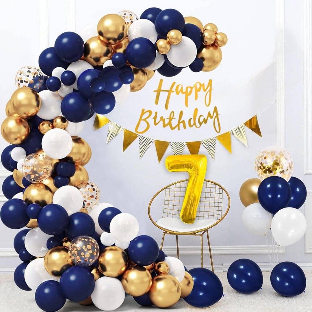 72Pcs 7Year Dark Blue Golden Chrome Birthday Decoration Combo Set 72Pcs 7Year Dark Blue Golden Chrome Birthday Decoration Combo Set