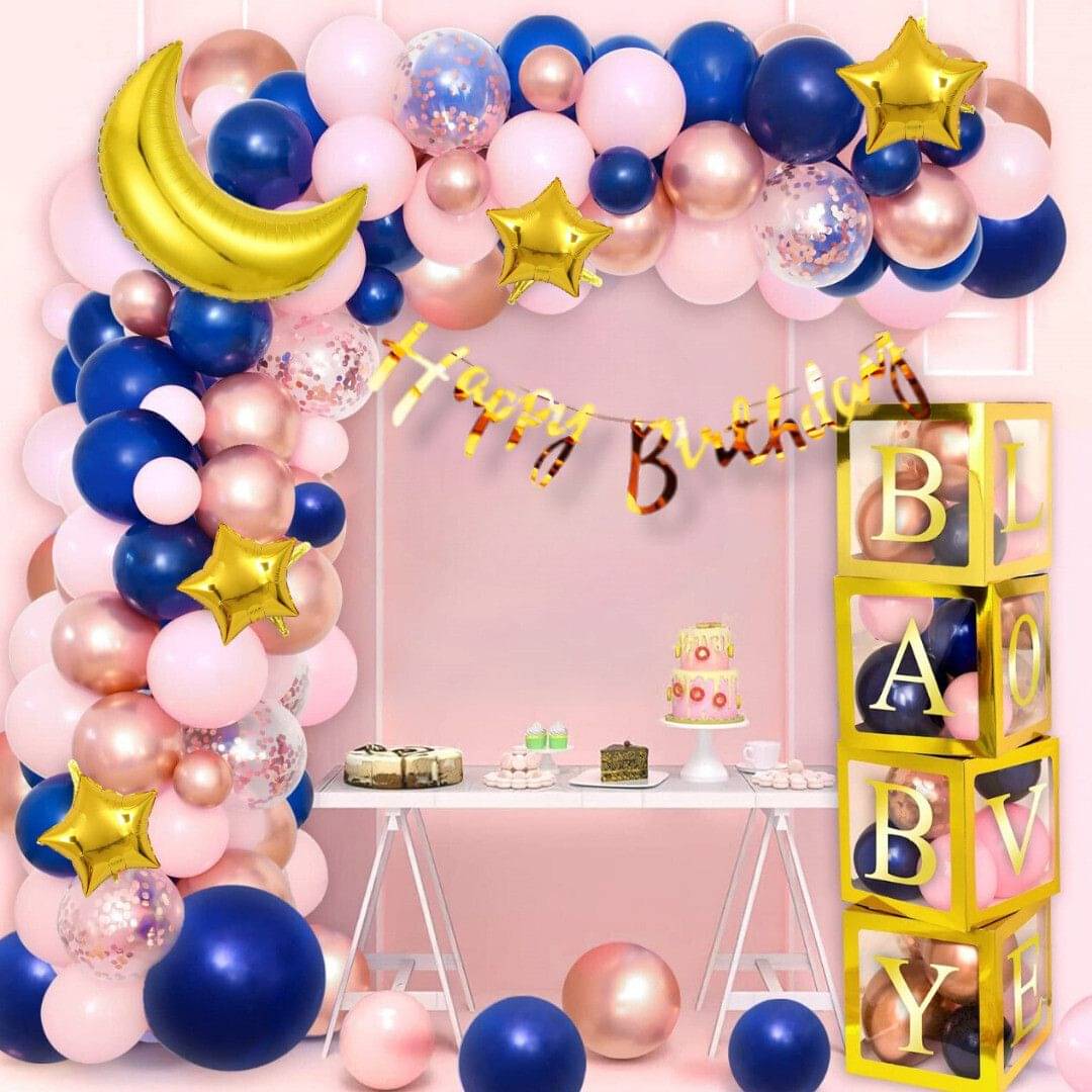     			74 Pcs Blue & Pink Birthday Decoration Set with Moon & Star Foils