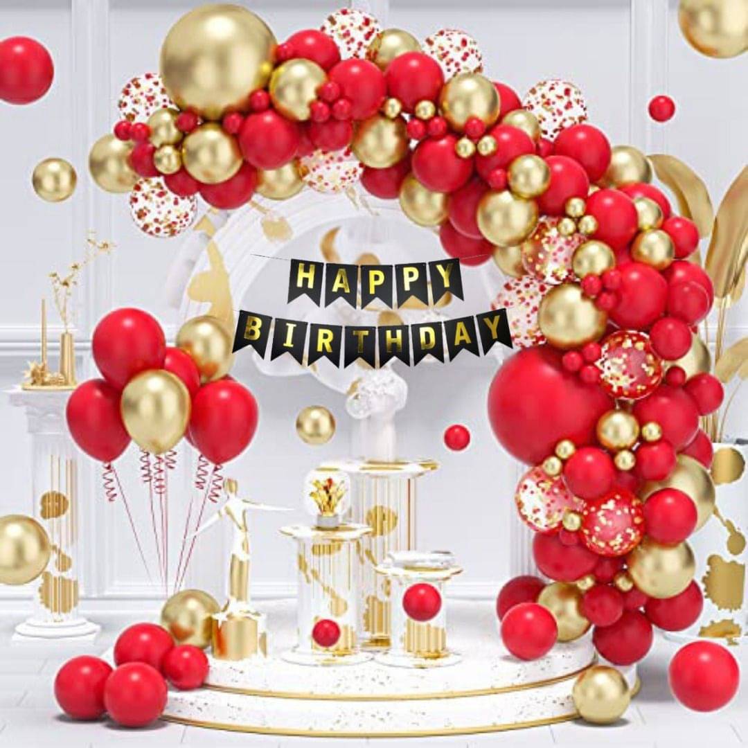 74Pcs Red Gold Birthday Decor Kit with Chrome & Confetti 74Pcs Red Gold Birthday Decor Kit with Chrome & Confetti