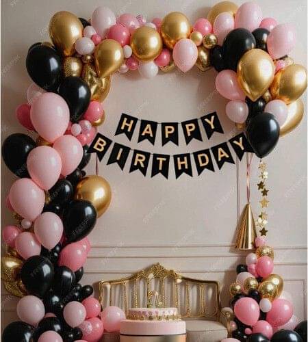 74pcs Birthday Decor Kit with Banner and Pink, Black & Golden Chrome Balloons 74pcs Birthday Decor Kit with Banner and Pink, Black & Golden Chrome Balloons