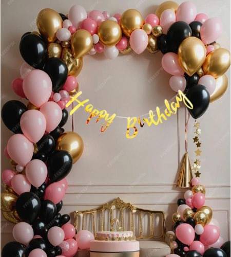     			74pcs Birthday Kit with Banner, Tape, Pump & Pink, Black & Golden Balloons