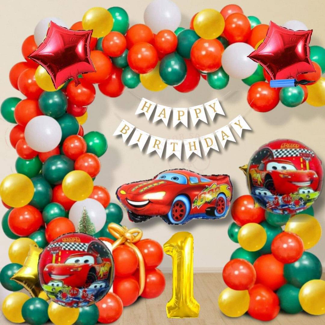     			75pcs Cars Theme 1Year Birthday Balloons & Banner Red Green Yellow