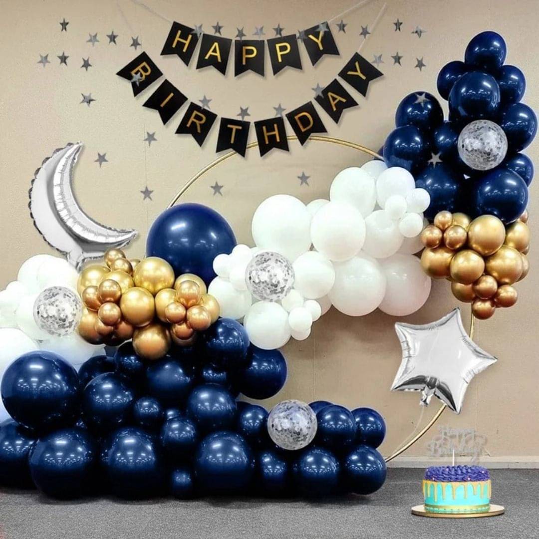 76Pcs Happy Birthday Dark Blue White Golden Balloon Decor Banner Moon Star     			76Pcs Happy Birthday Dark Blue White Golden Balloon Decor Banner Moon Star