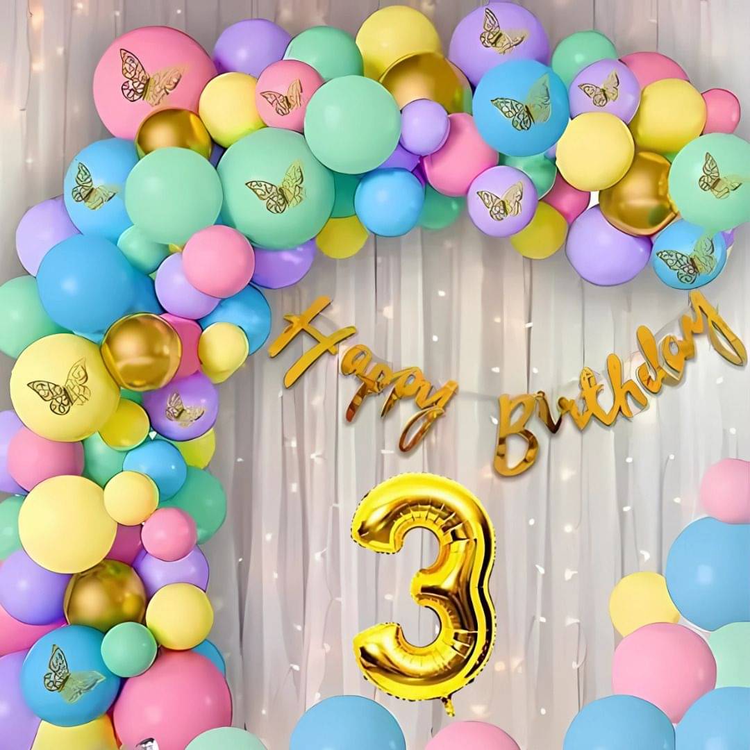 77Pcs 3Year Pastel & Gold Birthday Decor Kit with Balloons, Lights     			77Pcs 3Year Pastel & Gold Birthday Decor Kit with Balloons, Lights