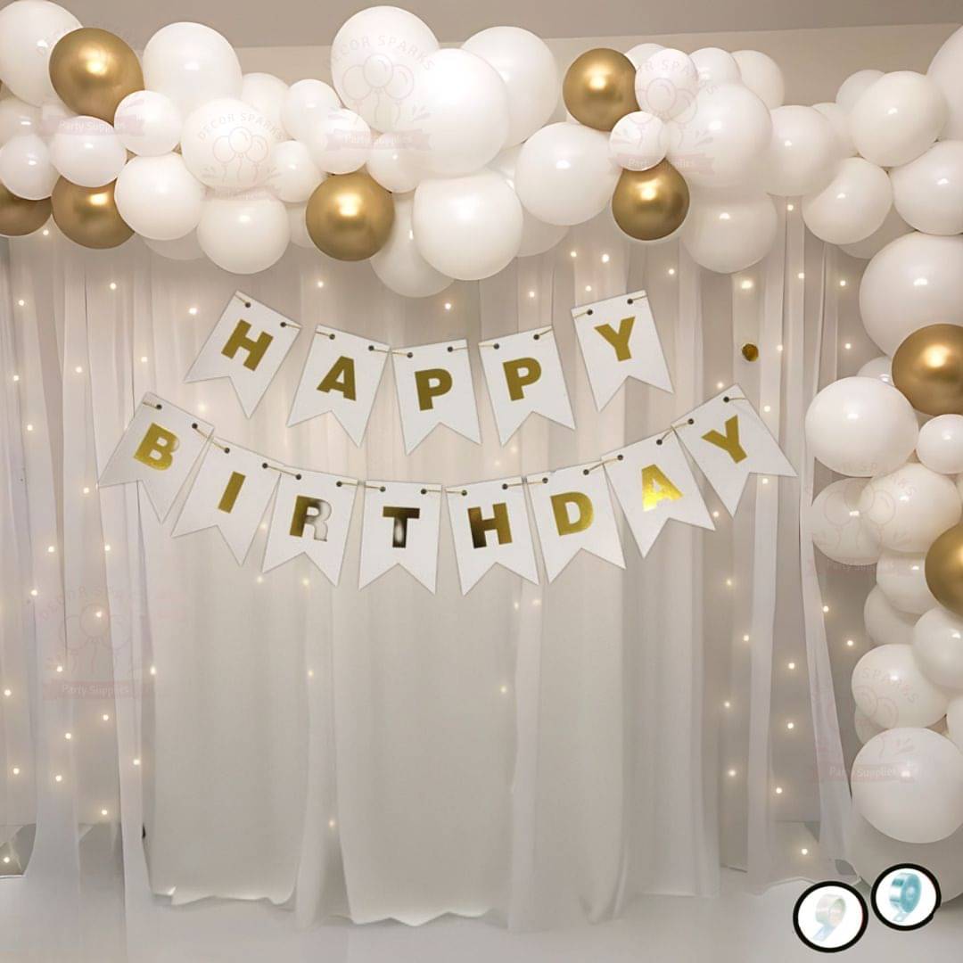 77pcs Golden White Birthday Decoration Kit Balloons Banner & Lights     			77pcs Golden White Birthday Decoration Kit Balloons Banner & Lights