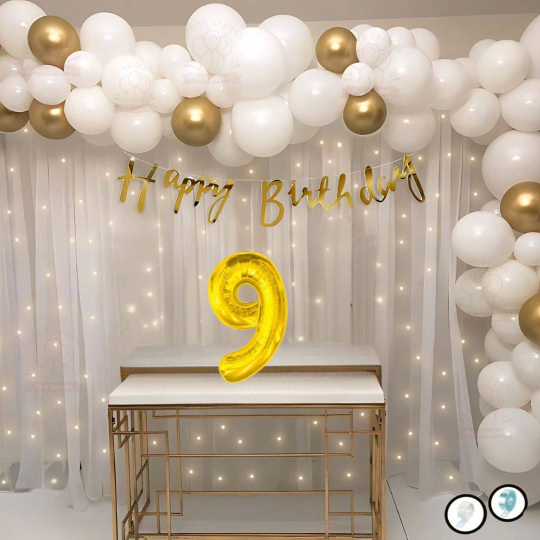 78pcs 9Year Birthday Decoration Kit Gold White Balloons Banner LED Light     			78pcs 9Year Birthday Decoration Kit Gold White Balloons Banner LED Light