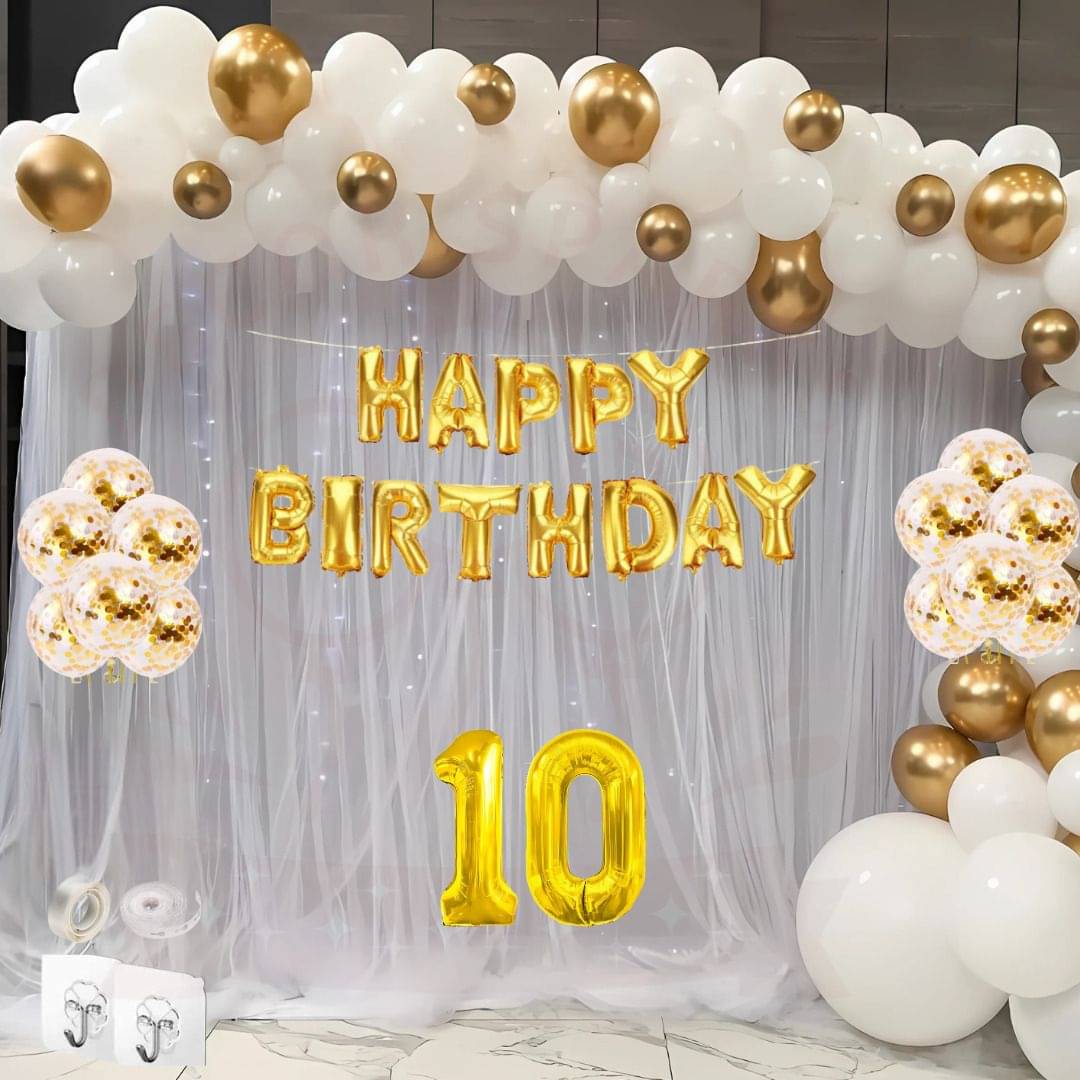 83pcs 10Year Birthday White Gold Balloons, Banner, Lights & Curtains     			83pcs 10Year Birthday White Gold Balloons, Banner, Lights & Curtains