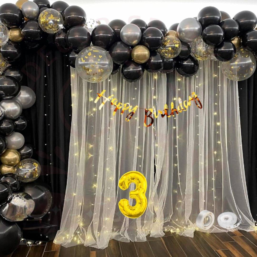 90Pcs 3Year Birthday Decor Kit with Lights, Balloons, Banner & Curtain     			90Pcs 3Year Birthday Decor Kit with Lights, Balloons, Banner & Curtain