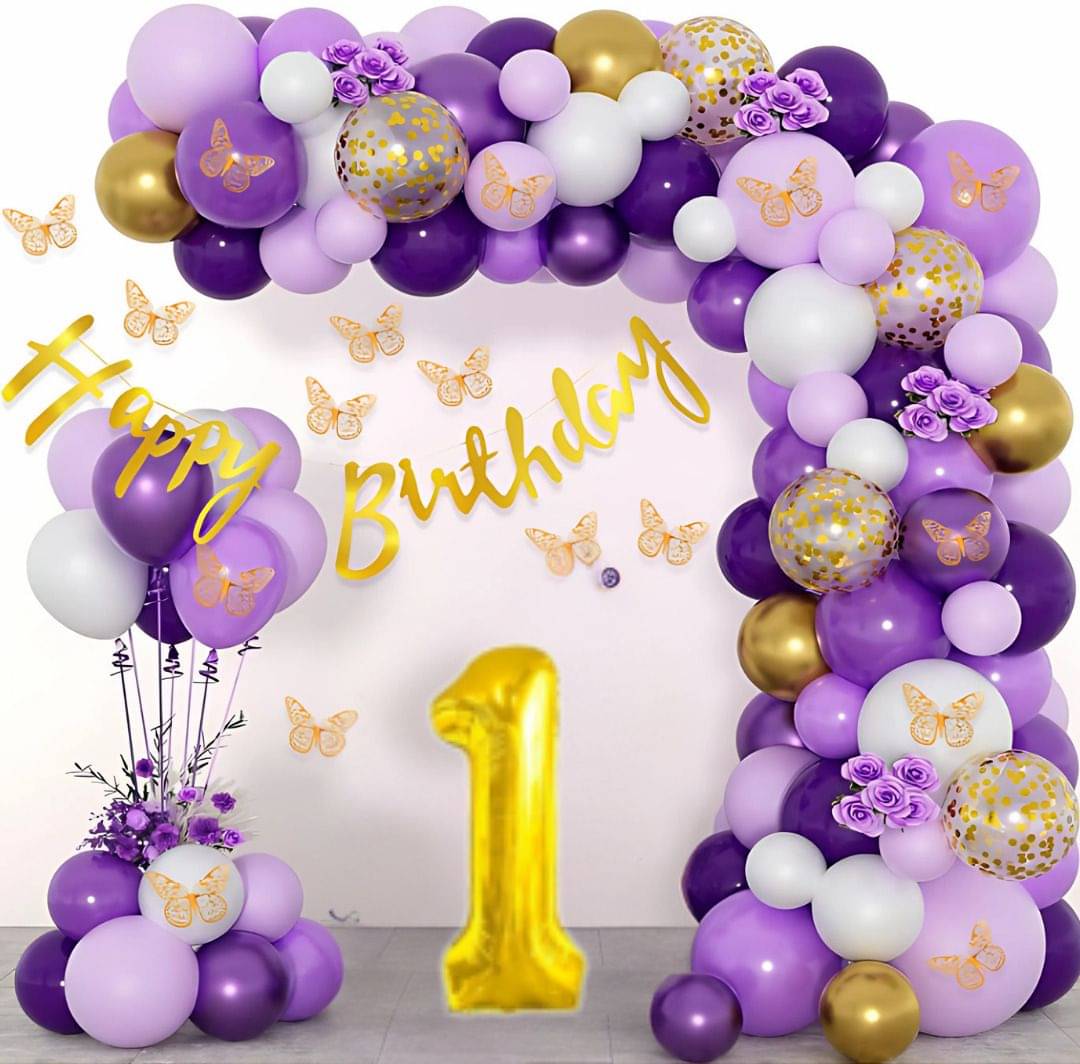     			97pcs 1Year Happy Birthday Decoration Kit Purple Golden Chrome Balloons