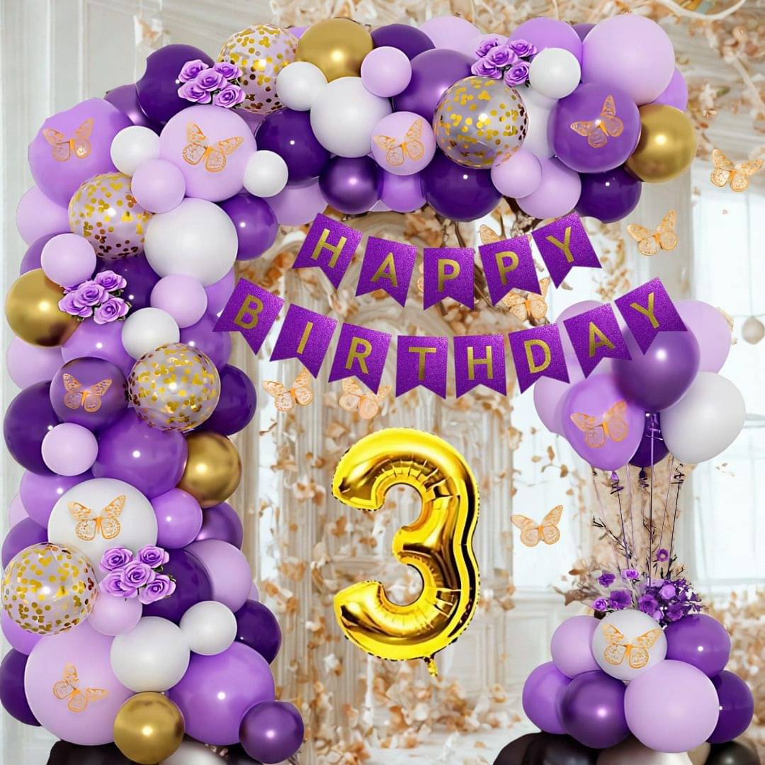97pcs 3Year Purple Golden Butterfly Birthday Decoration Kit     			97pcs 3Year Purple Golden Butterfly Birthday Decoration Kit