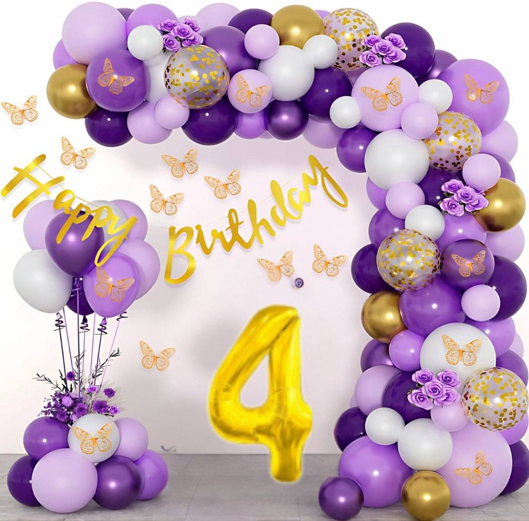 97pcs 4Year Happy Birthday Decoration Kit Purple Golden Chrome Balloons     			97pcs 4Year Happy Birthday Decoration Kit Purple Golden Chrome Balloons