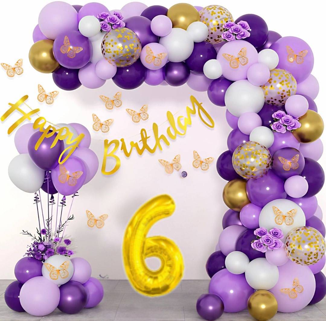     			97pcs 6Year Happy Birthday Decoration Kit Purple Golden Chrome Balloons