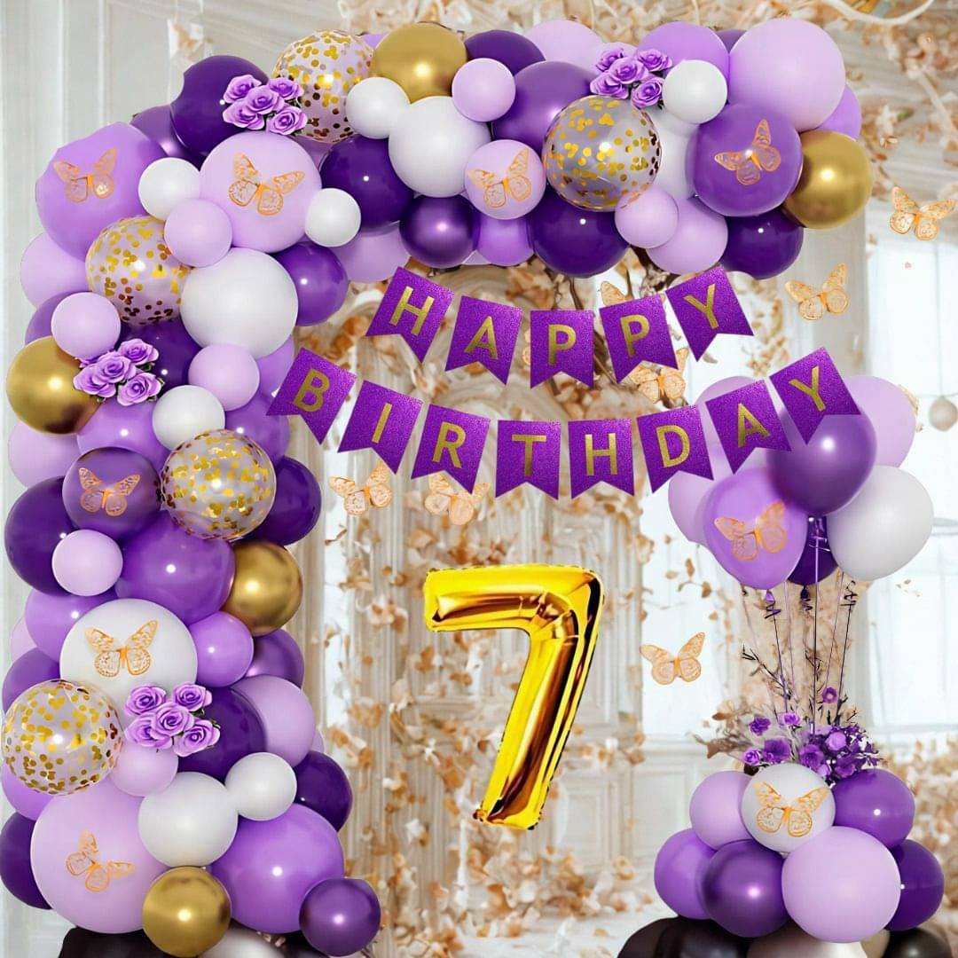 97pcs 7Year Purple Golden Butterfly Birthday Decoration Kit     			97pcs 7Year Purple Golden Butterfly Birthday Decoration Kit