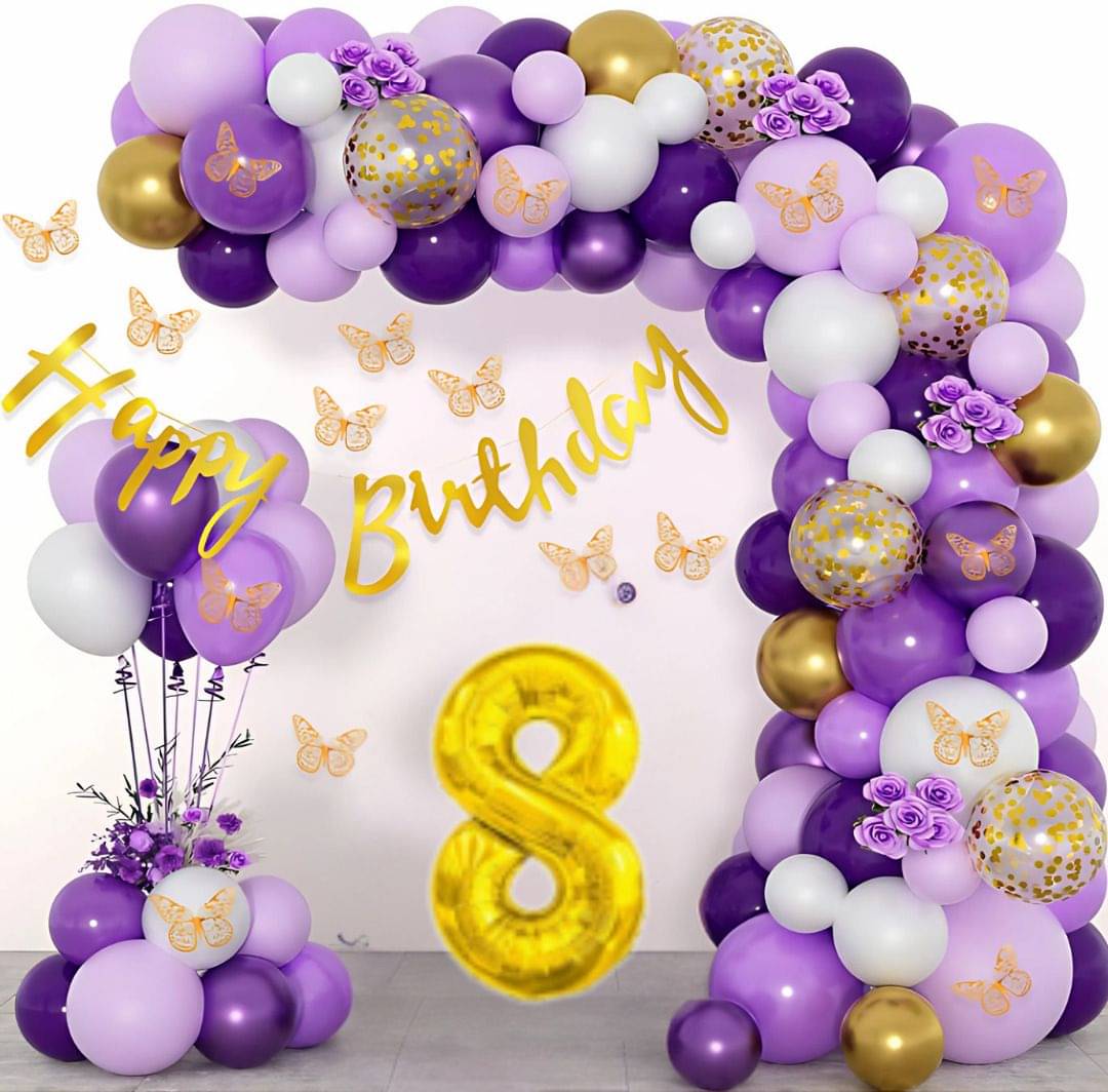     			97pcs 8Year Happy Birthday Decoration Kit Purple Golden Chrome Balloons
