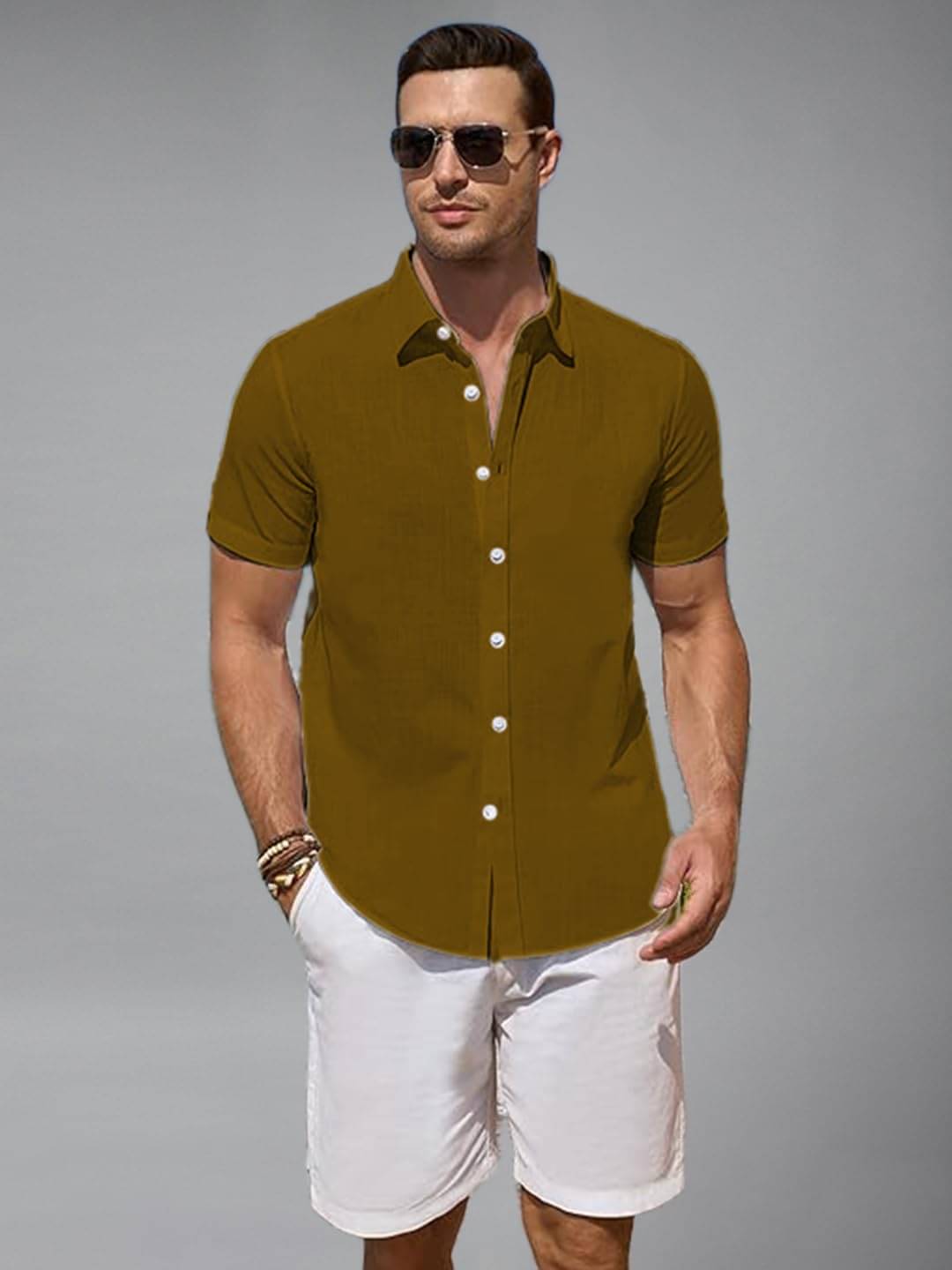     			BHUVIKOO Cotton Blend Slim Fit Solids Half Sleeves Men's Casual Shirt - Gold ( Pack of 1 )