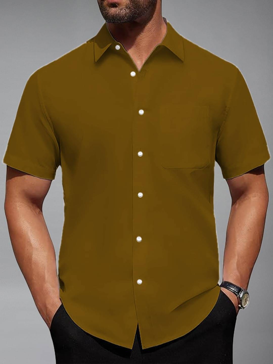     			BHUVIKOO Cotton Blend Slim Fit Solids Half Sleeves Men's Casual Shirt - Gold ( Pack of 1 )