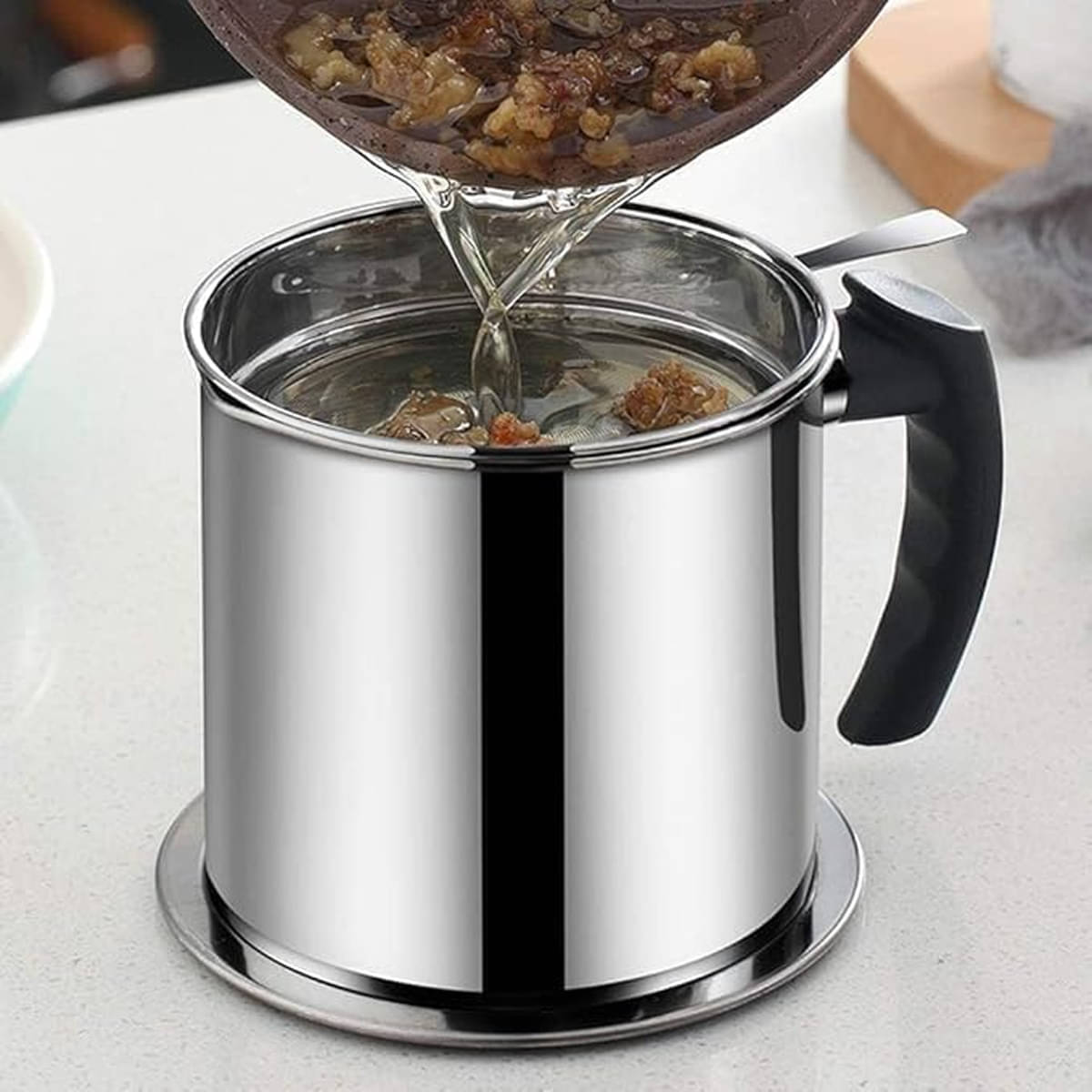    			CRAYLUXE Stainless Steel Oil Filter Pot | With Mesh Strainer & Lid | Multicolor