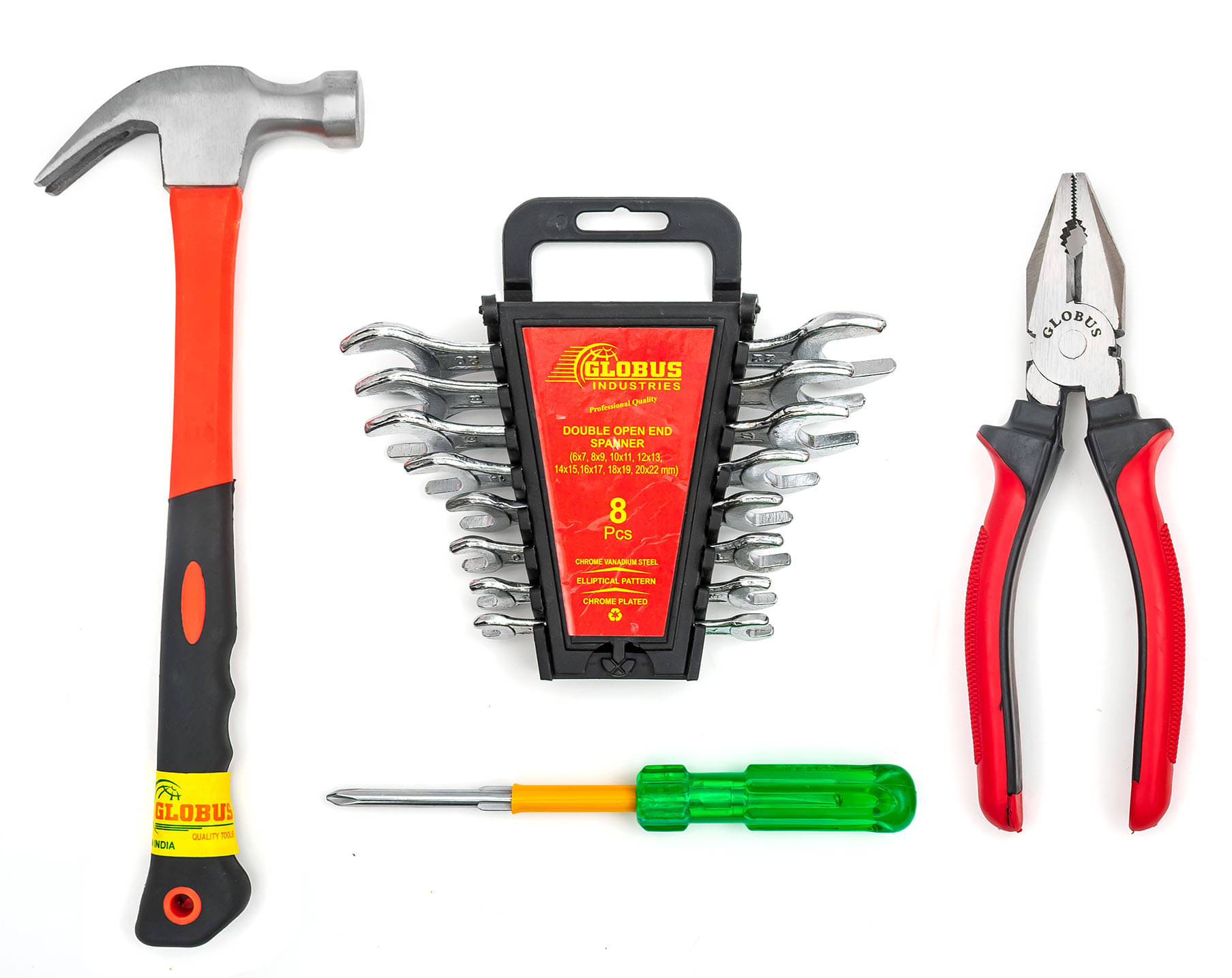     			Globus 1632-Curved Claw Hammer with FIBER GLASS Handle and Rubber SHOCK PROOF Grip (0.40 kg), Double Sided Open End Wrench SET/8 PCS(6x7mm-20x22mm), Combination SCREWDRIVER DOUBLE SIDED 2IN1 6''(150MM) & Combination PLIER 8''(200 mm).
