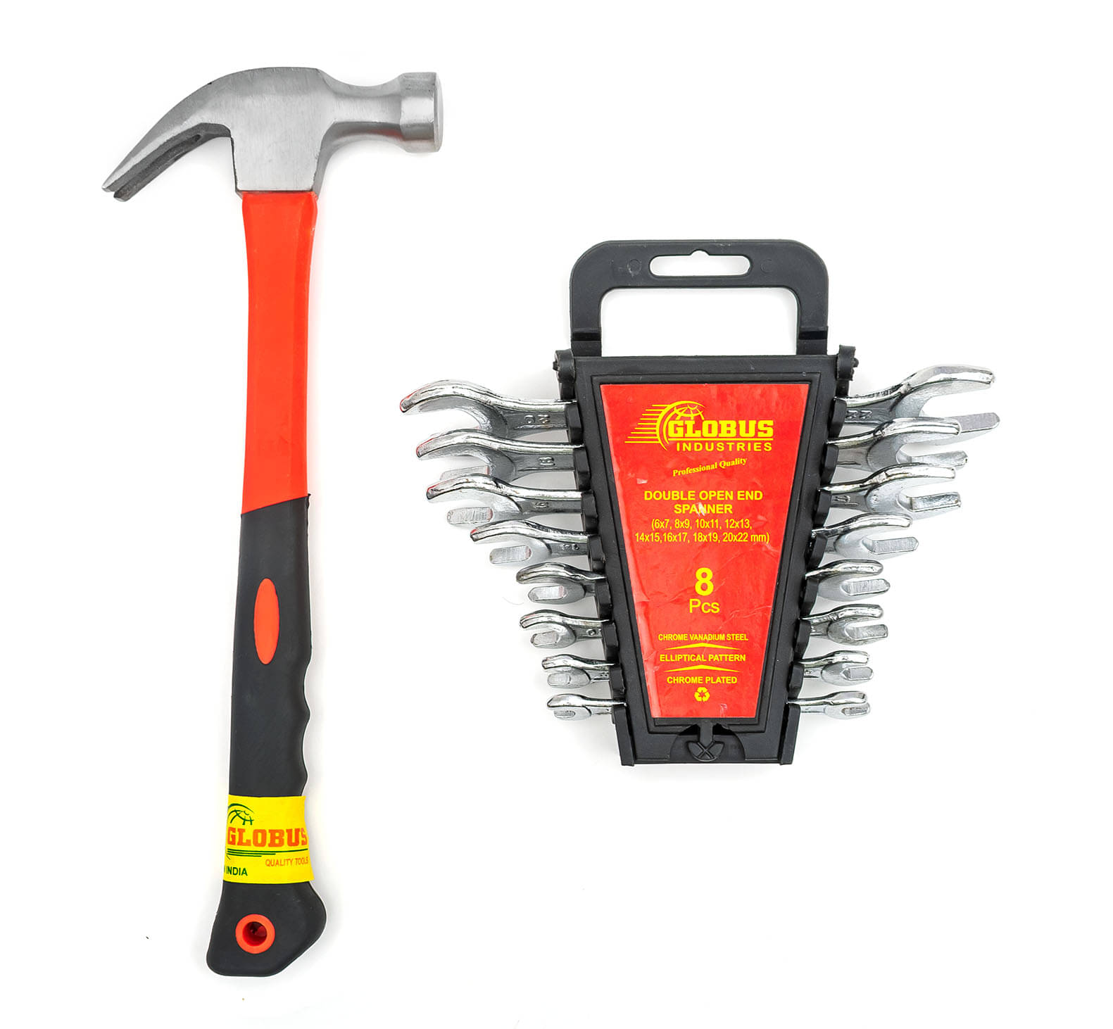     			Globus 1633-Curved Claw Hammerwith FIBER GLASS Handle and Rubber SHOCK PROOF Grip (0.40 kg) and Double Sided Open End Wrench SET/8 PCS(6x7mm-20x22mm). PROFESSIONAL TOOLS PACK OF 2