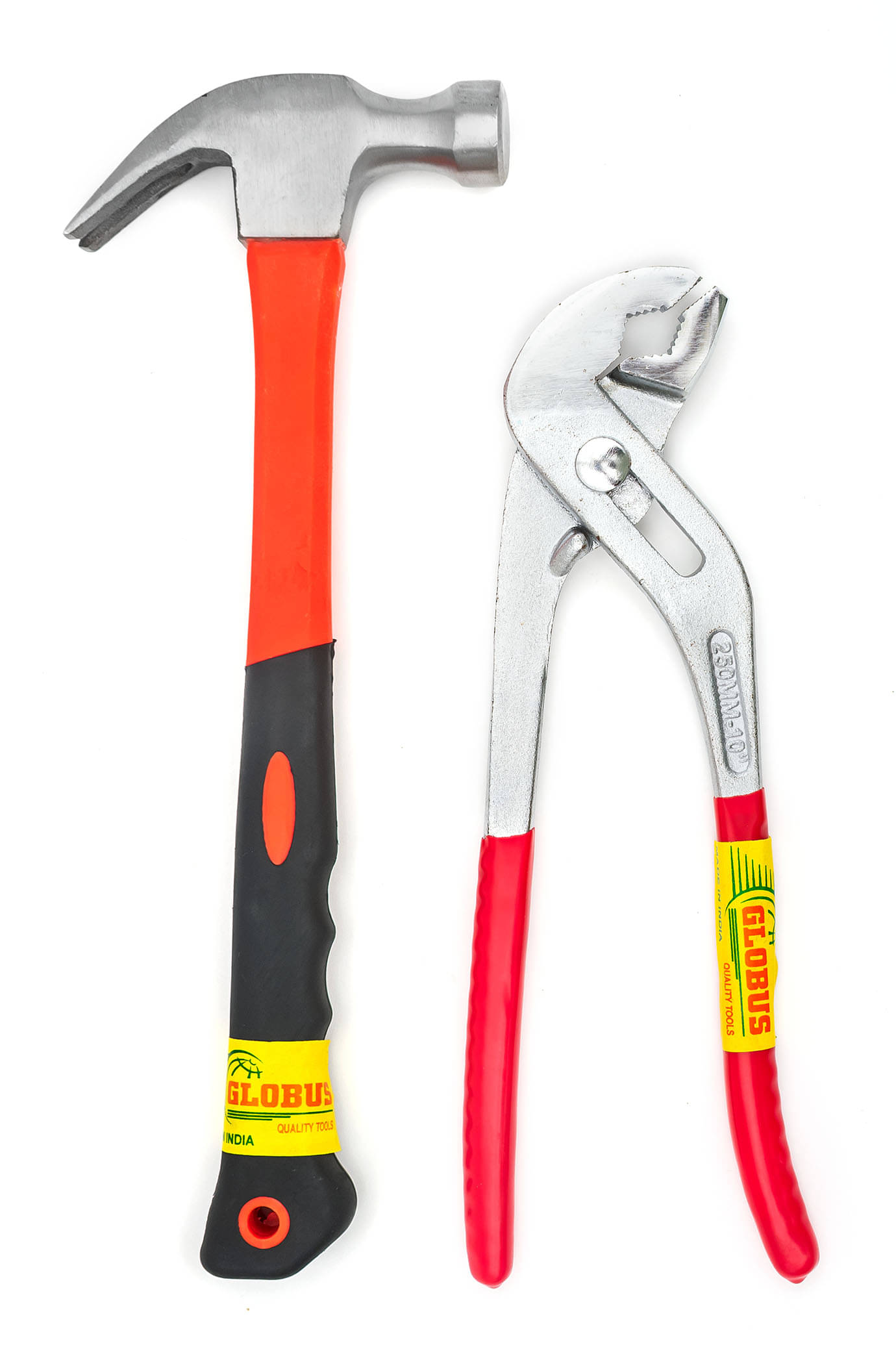     			Globus 1634-Curved Claw Hammerwith FIBER GLASS Handle and Rubber SHOCK PROOF Grip (0.40 kg) and Adjustable Water Pump Plier (10"/250mm) Soft Grip Power & Hand Tool Kit