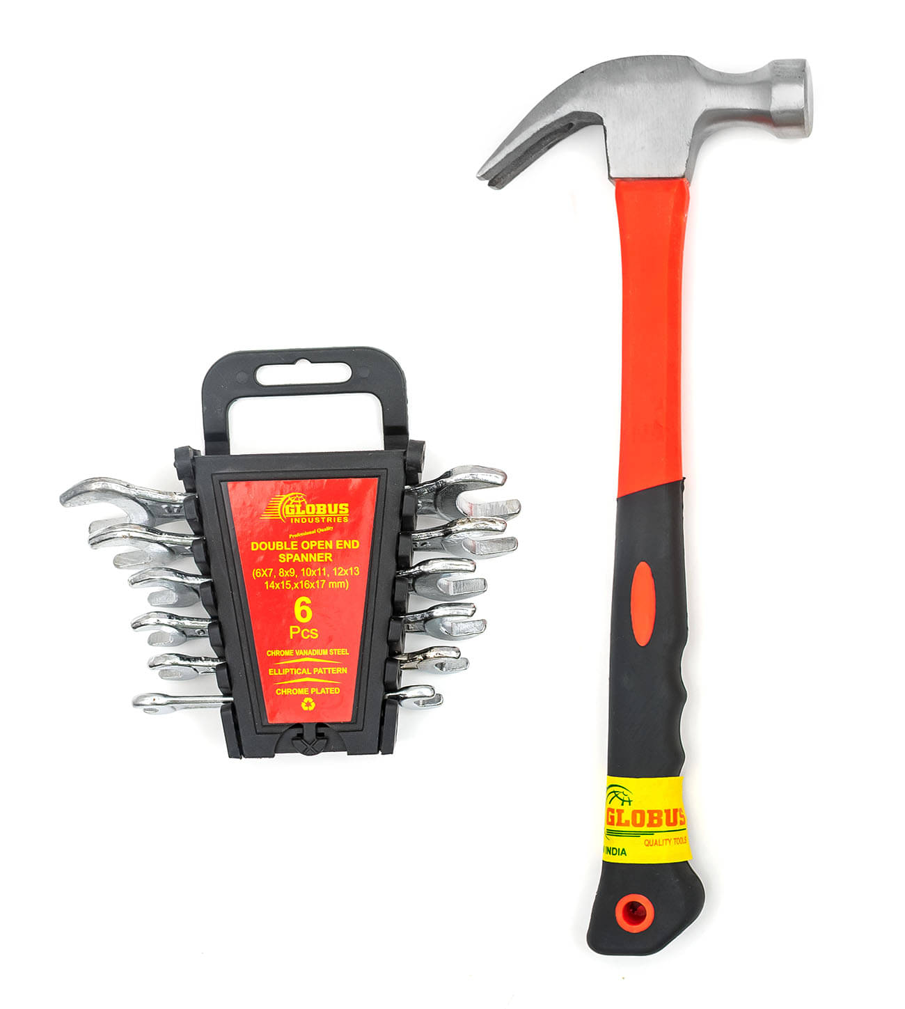 Globus 1635-Curved Claw Hammerwith FIBER GLASS Handle and Rubber SHOCK PROOF Grip (0.40 kg) and DOUBLE OPEN AND SPANNER (SET/ 6 PCS) IN PLASTIC RAKE Double Sided Open End Wrench (6x7mm-16x17mm). Globus 1635-Curved Claw Hammerwith FIBER GLASS Handle and Rubber SHOCK PROOF Grip (0.40 kg) and DOUBLE OPEN AND SPANNER (SET/ 6 PCS) IN PLASTIC RAKE Double Sided Open End Wrench (6x7mm-16x17mm).