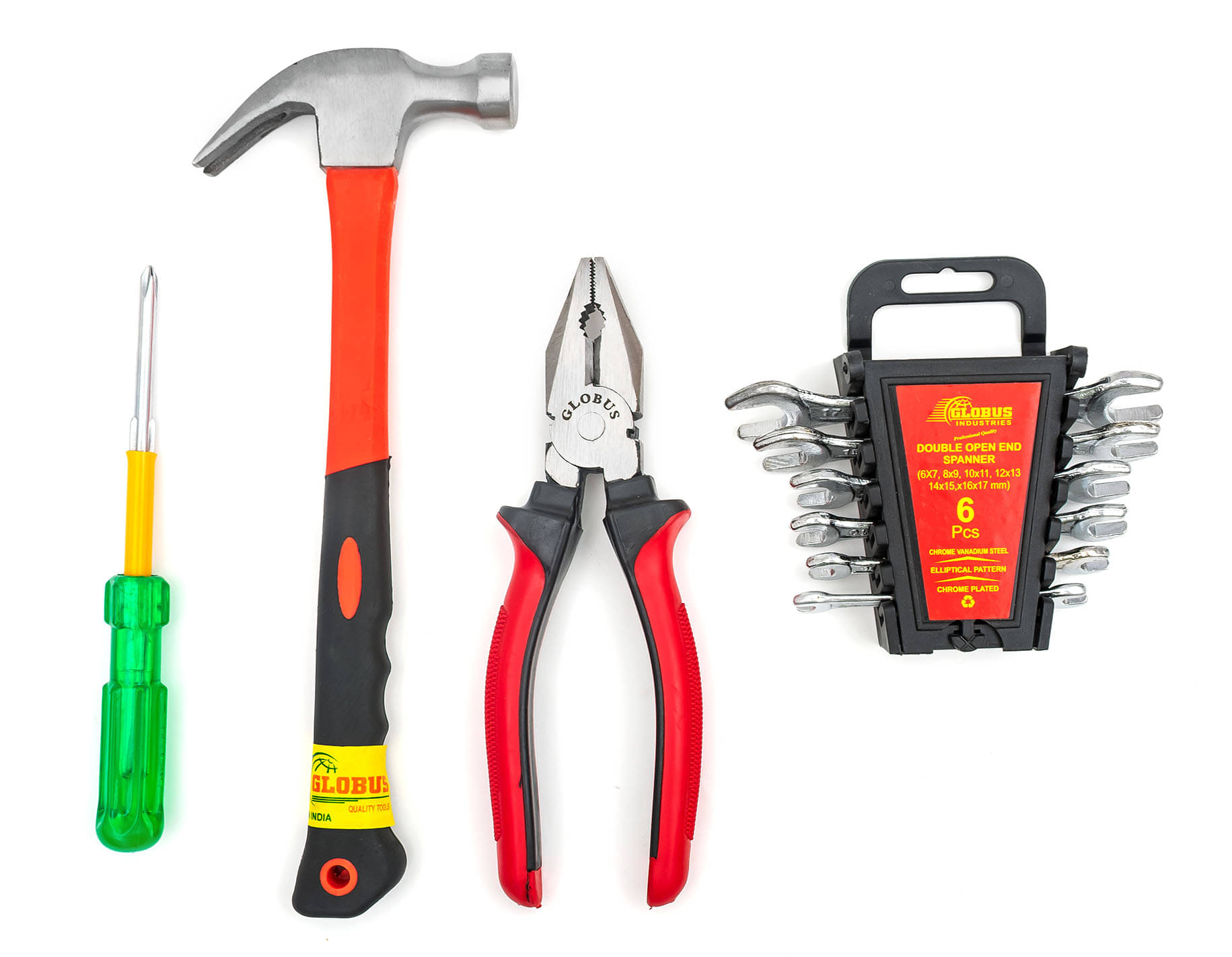     			Globus 1637-Curved Claw Hammerwith FIBER GLASS Handle and Rubber SHOCK PROOF Grip (0.40 kg) , Double Sided Open End Wrench SET/6 PCS (6x7mm-16x17mm) IN PLASTIC RAKE, Combination PLIER 8''(200 mm) & Combination SCREWDRIVER 2-IN-1 6 INCH. GLOBUS HAND TOOLS.