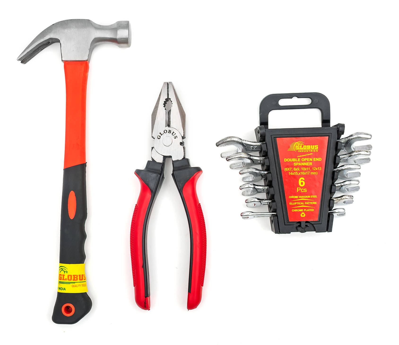     			Globus 1639-Curved Claw Hammerwith FIBER GLASS Handle and Rubber SHOCK PROOF Grip (0.40 kg), Double Sided Open End Wrench SET/6 PCS (6x7mm-16x17mm) IN PLASTIC RAKE, & Combination PLIER 8''(200 mm)/ Combination Cutting plier. GLOBUS HAND TOOLS.