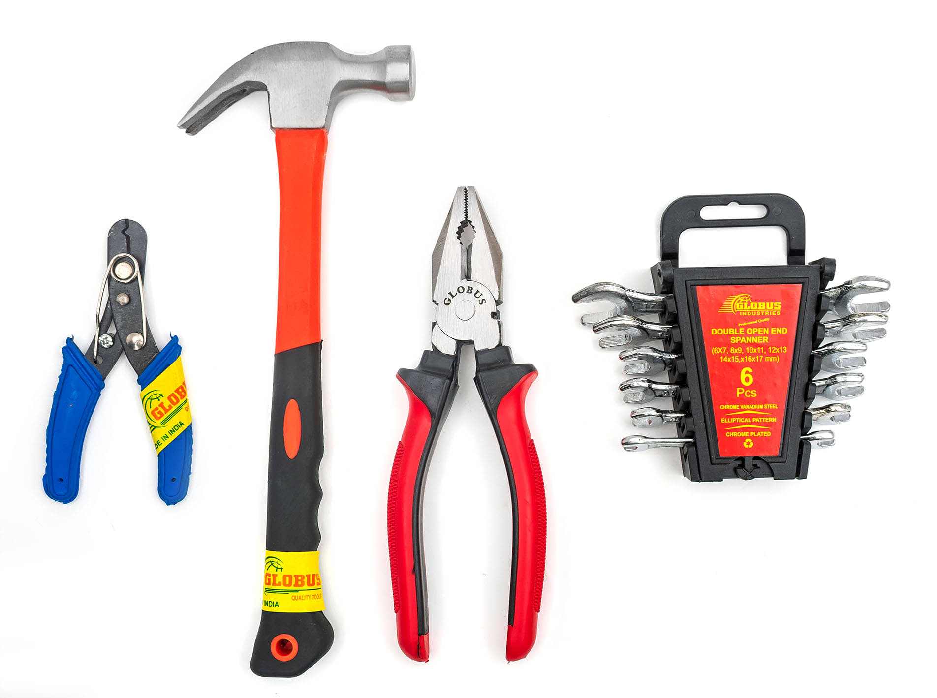     			Globus 1640-Curved Claw Hammer with FIBER GLASS Handle (0.40 kg), Double Sided Open End Wrench SET/6 PCS (6x7mm-16x17mm) IN PLASTIC RAKE , Wire CUTTER/Wire Stripper 5" & Combination PLIER 8''(200 mm)/ Combination Cutting plier. GLOBUS HAND TOOLS.