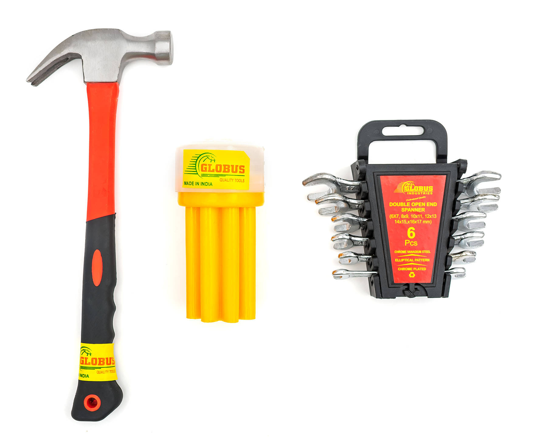     			Globus 1642-Curved Claw Hammer with FIBER GLASS Handle and Rubber SHOCK PROOF Grip (0.40 kg) & Double Sided Open End Wrench SET/6 PCS (6x7mm-16x17mm) IN PLASTIC RAKE & SCREW DRIVER SET/9 IN BOX).. GLOBUS HAND TOOLS.