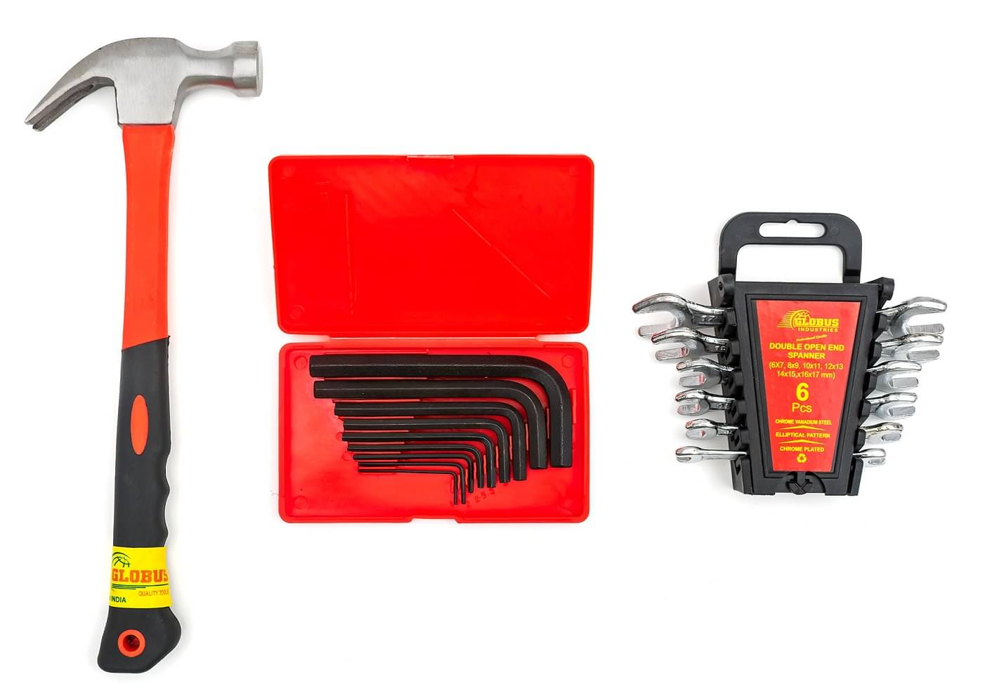     			Globus 1643-Curved Claw Hammer with FIBER GLASS Handle and Rubber SHOCK PROOF Grip (0.40 kg) & Double Sided  Open  End Wrench SET/6 PCS (6x7mm-16x17mm) IN PLASTIC RAKE & ALLEN KEY SET/9 (1.5MM-10MM)  GLOBUS HAND TOOLS.