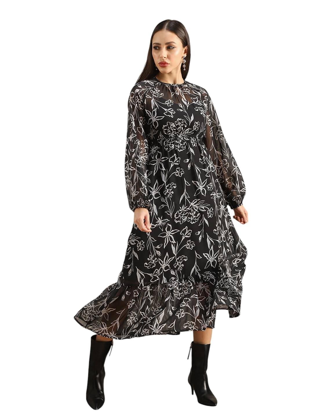     			Globus Women Chiffon Fit & Flare Dress ( Black )