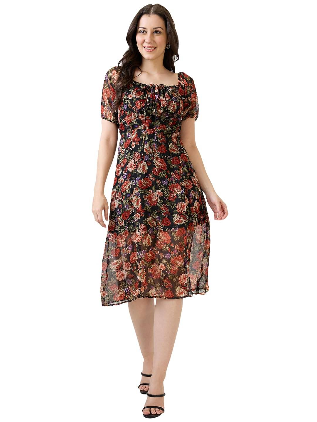     			Globus Women Chiffon Fit & Flare Dress ( Black )