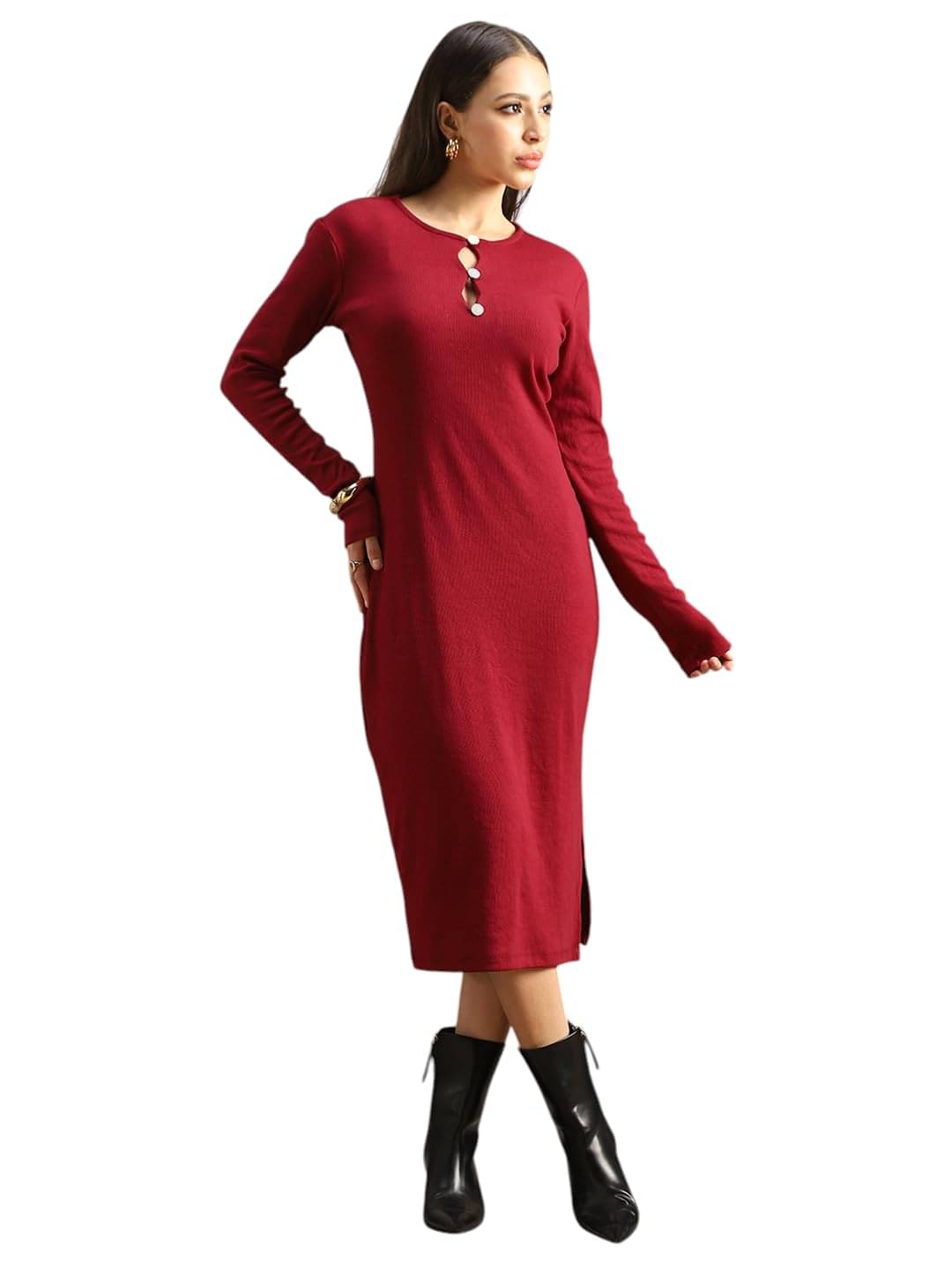 Globus Women Cotton Bodycon Dress ( Maroon ) Globus Women Cotton Bodycon Dress ( Maroon )