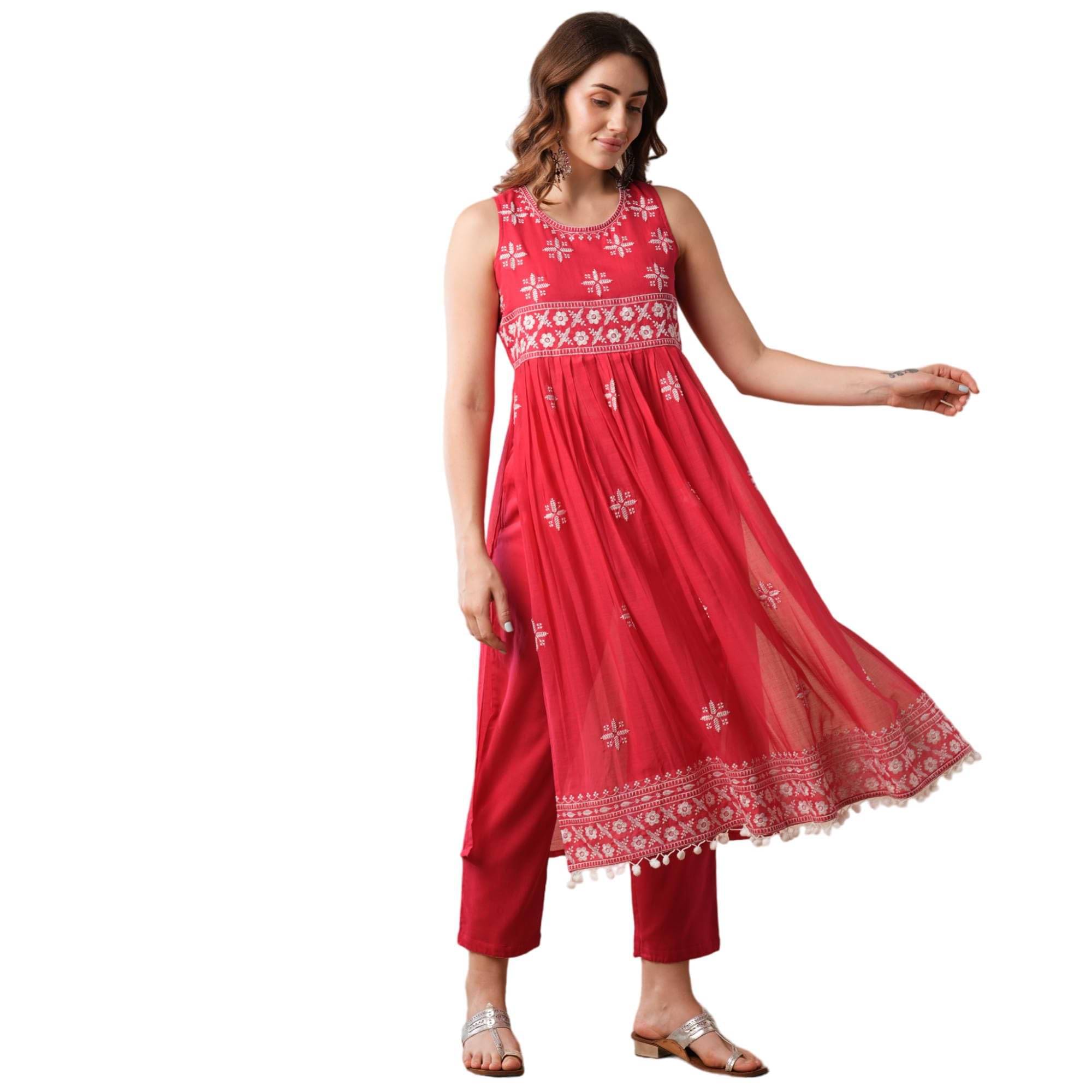     			Globus Women Cotton Embroidered A-line Kurti with Pants ( Red )